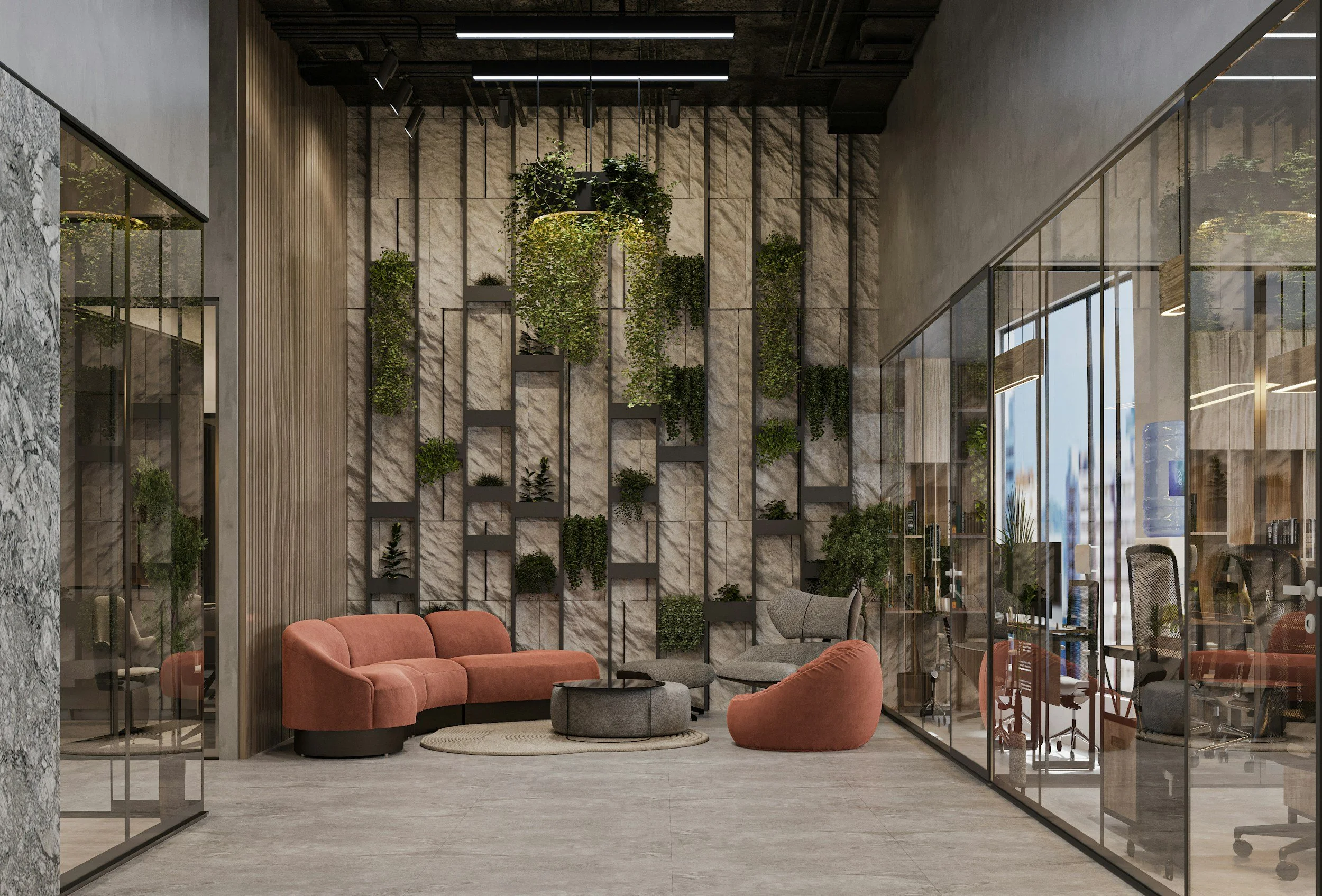 Modern office lounge with a stone wall decorated with hanging green plants, featuring pink and gray chairs, a black coffee table, and glass walls.