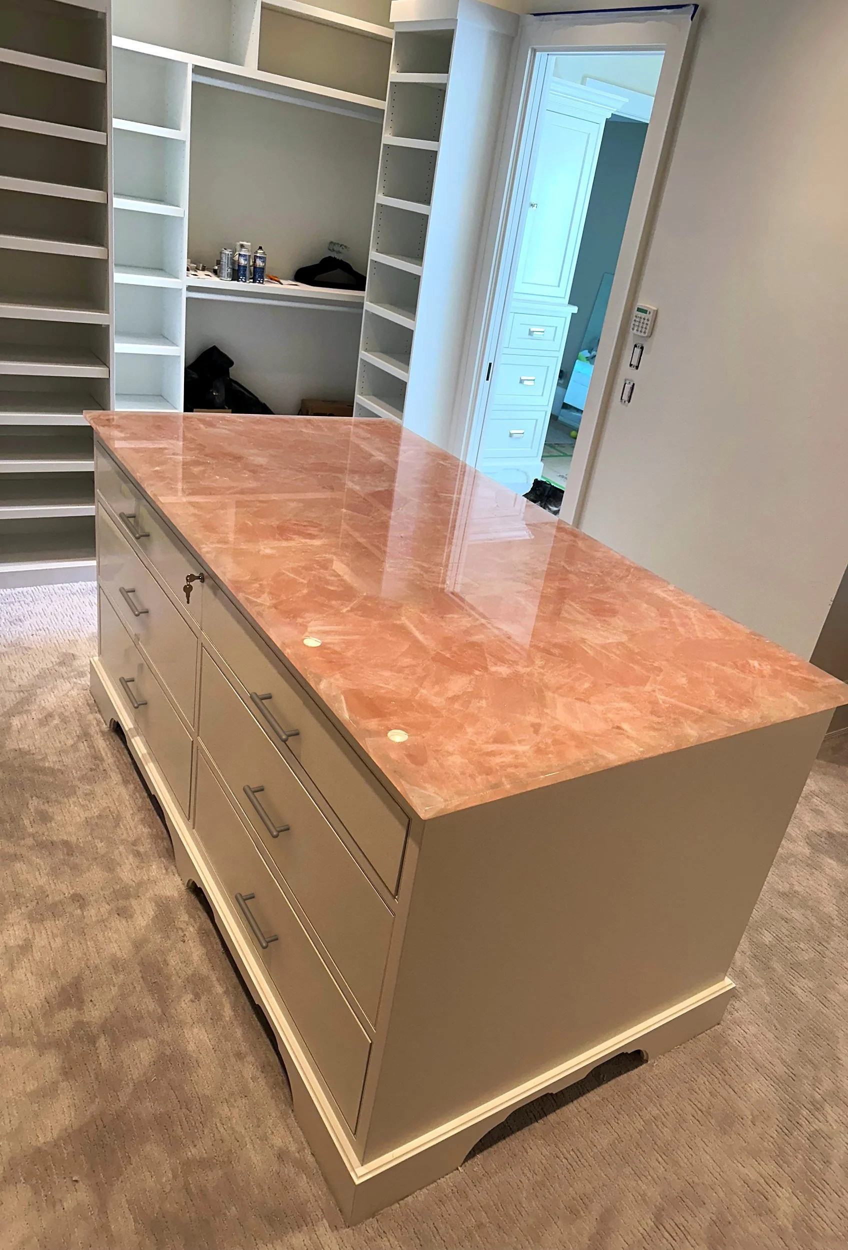 Painted maple closet island with beaded inset drawers and pink quartz top, Whitefish MT