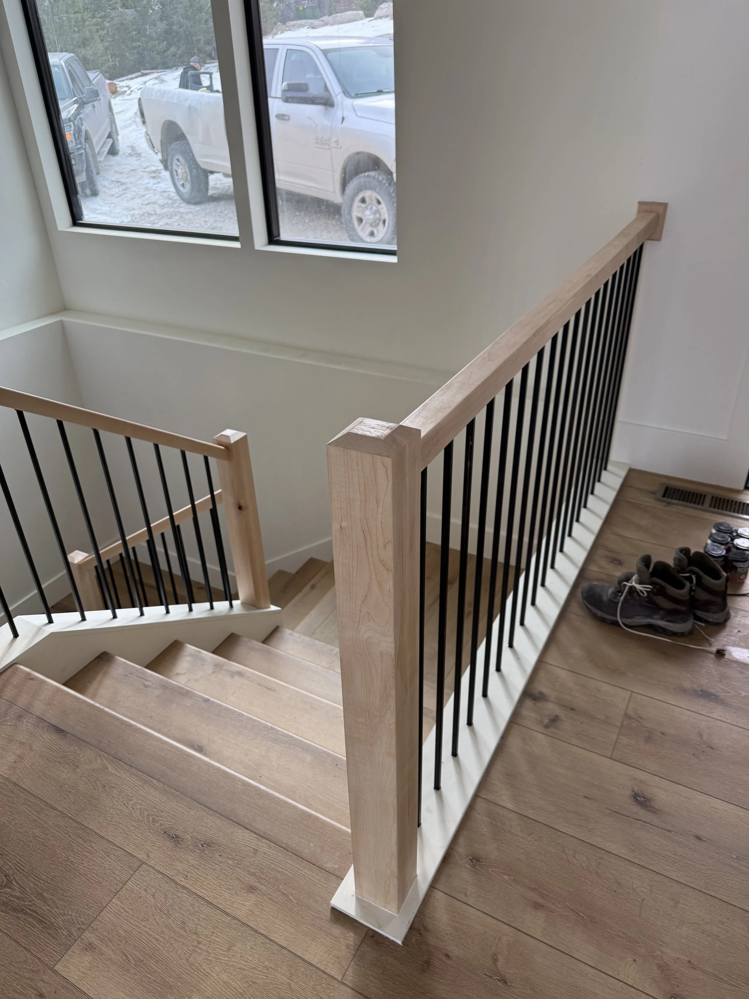Custom Maple Stair Rail with steel balusters