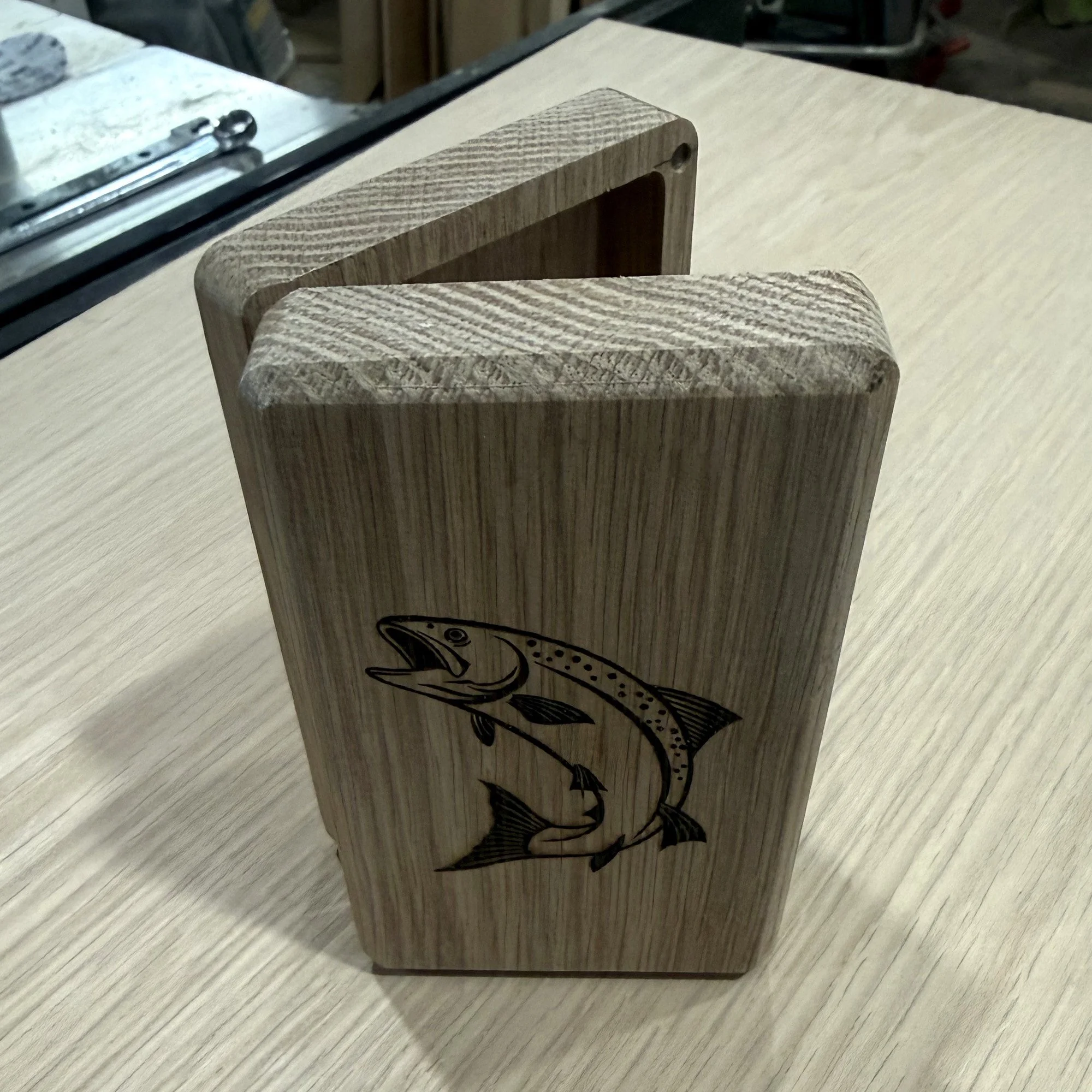 Handmade white oak fly box with laser-engraved leaping trout, MV Works, Flathead Valley, Montana