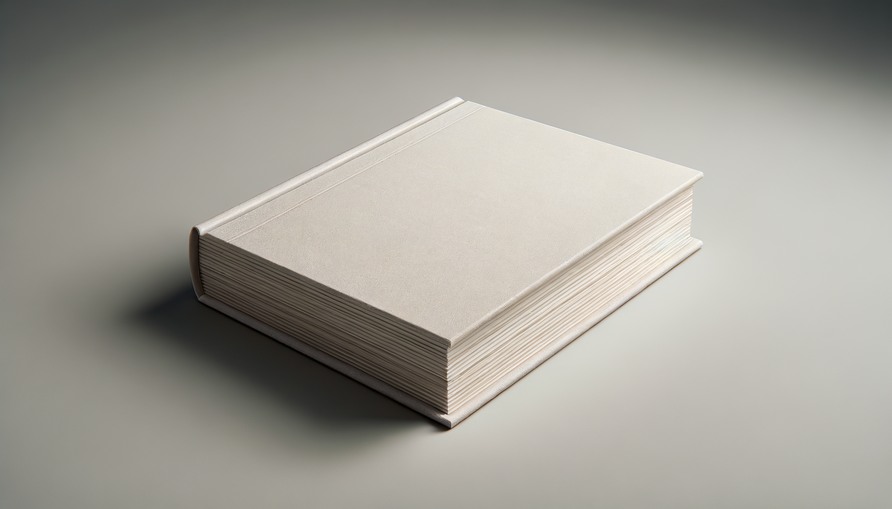 A closed white hardcover book with textured cover resting on a smooth surface.