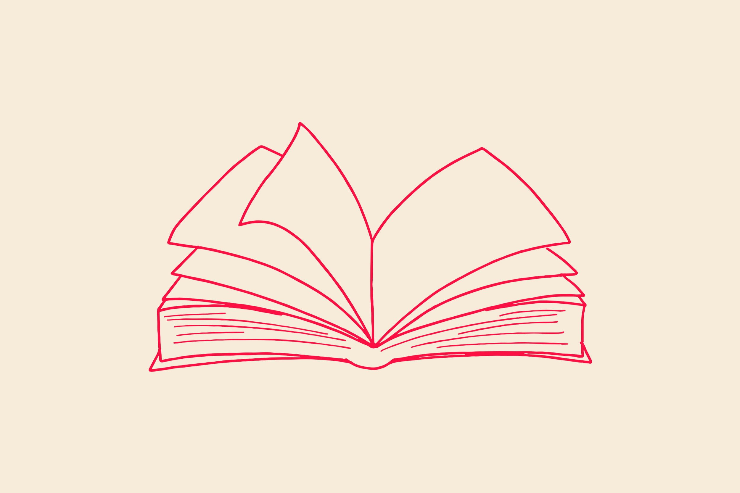 Line drawing of an open book with pages fanned out on a beige background.