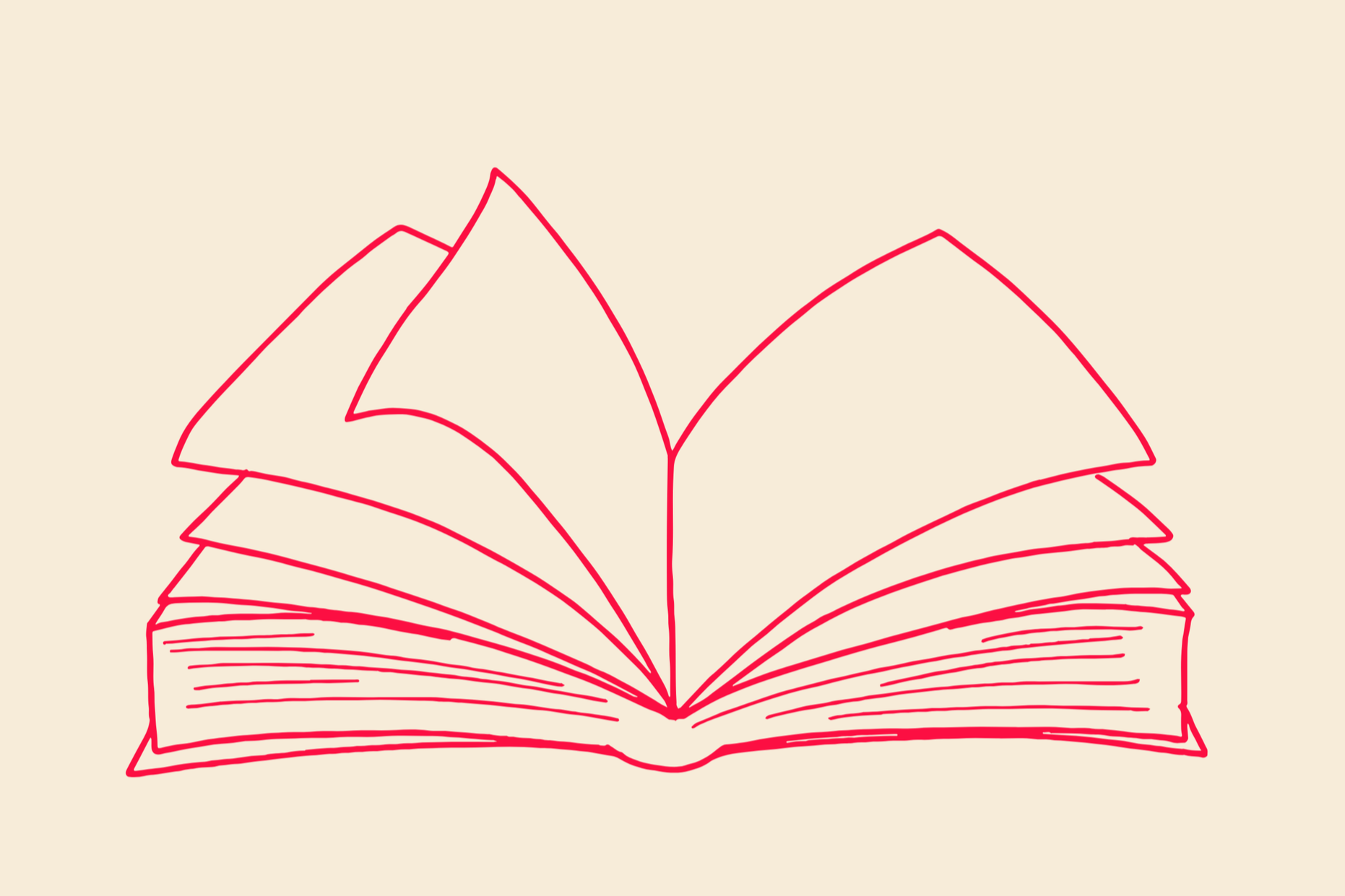 Outline drawing of an open book with pages fanned out against a light beige background.