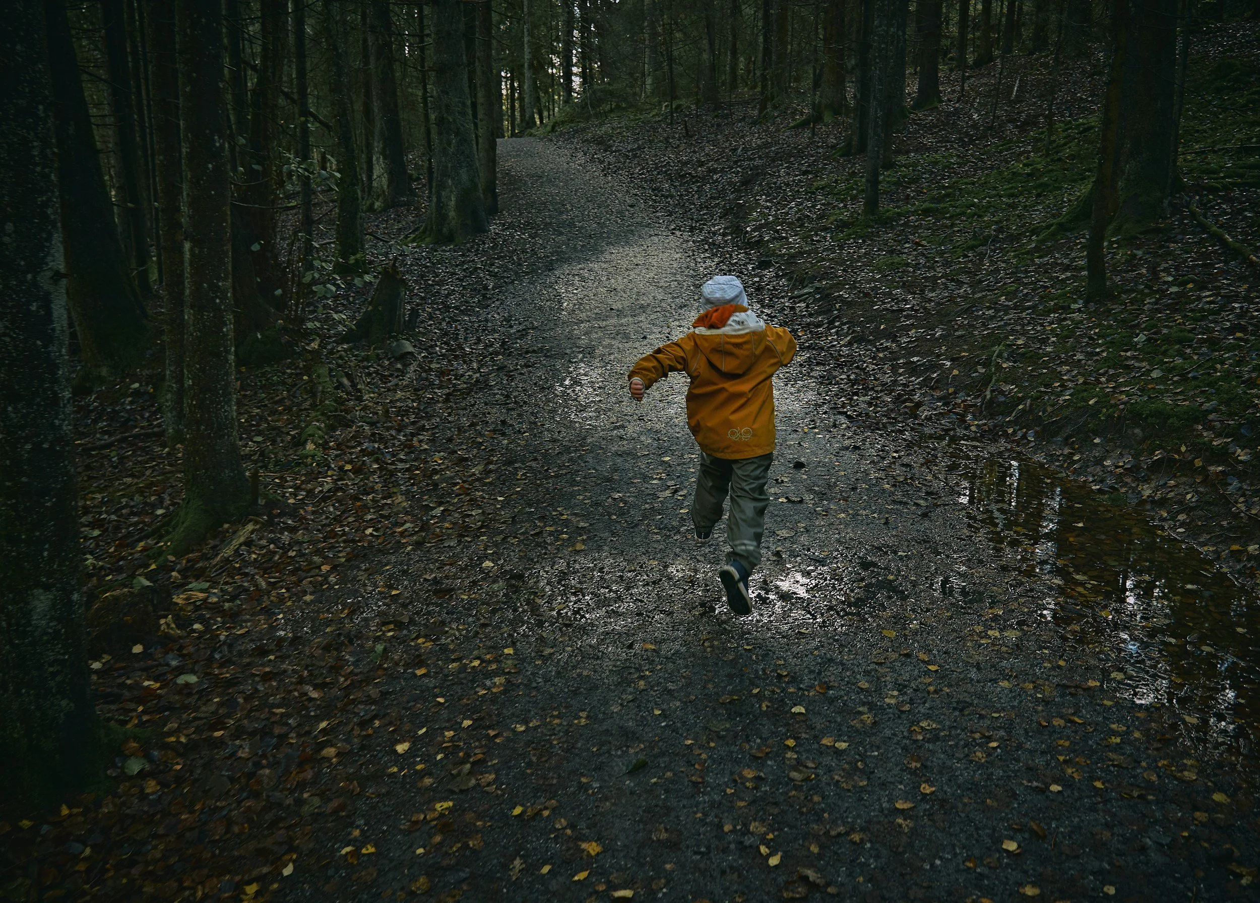 A young child running along a muddy forest trail during rainy weather, surrounded by tall trees and wet ground.