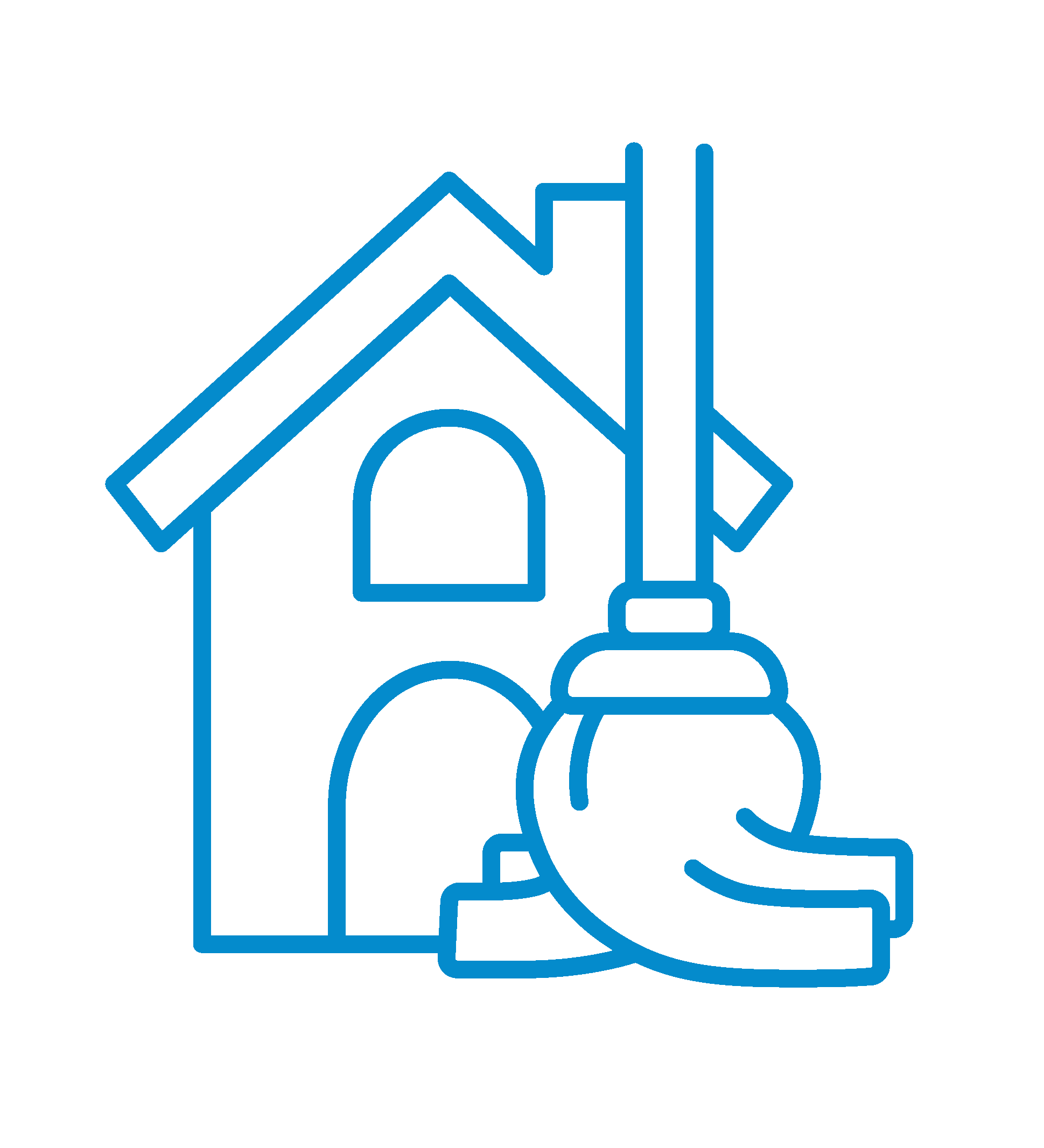 Blue outline of a house with a roof, window, and arched doorway, accompanied by a wrench and a pipe wrench.