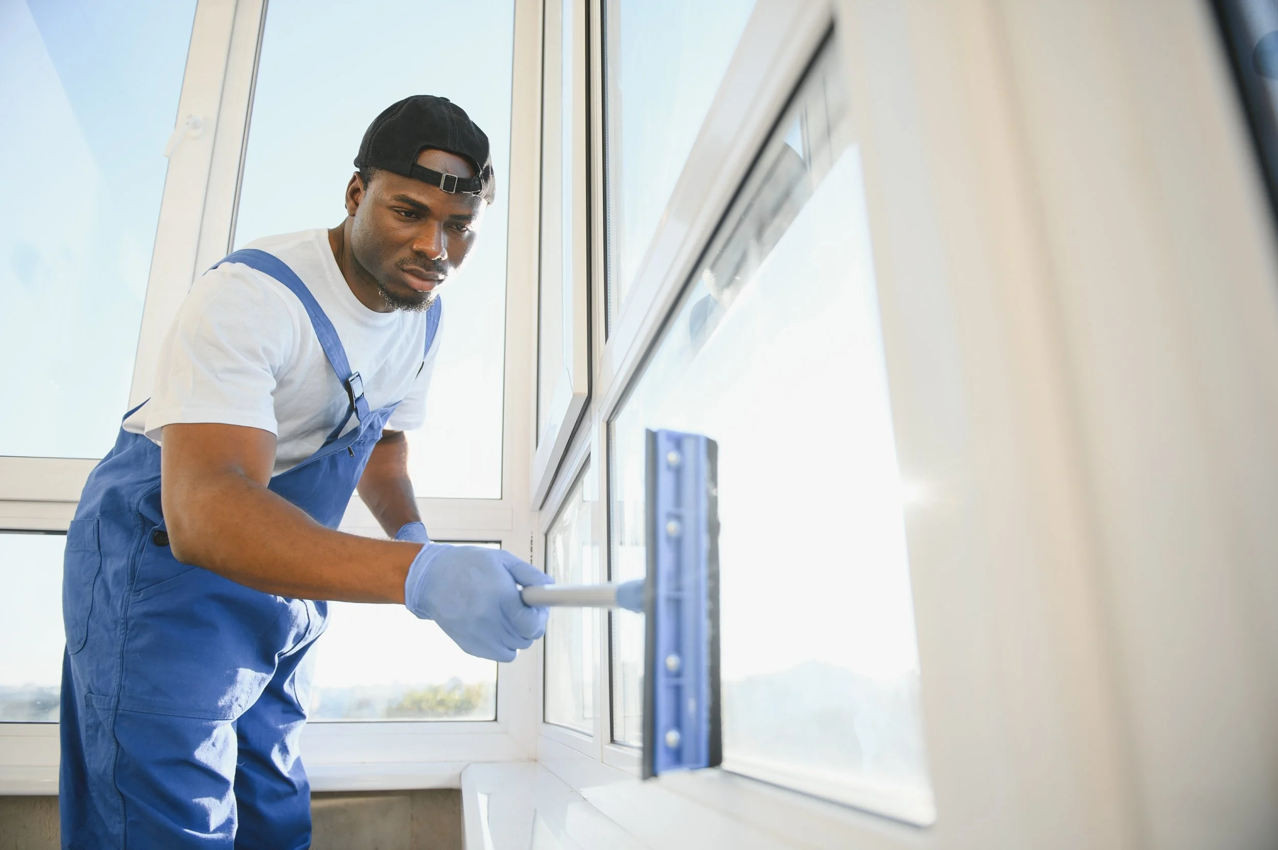 Man in blue overalls and gloves cleaning or repairing a window.