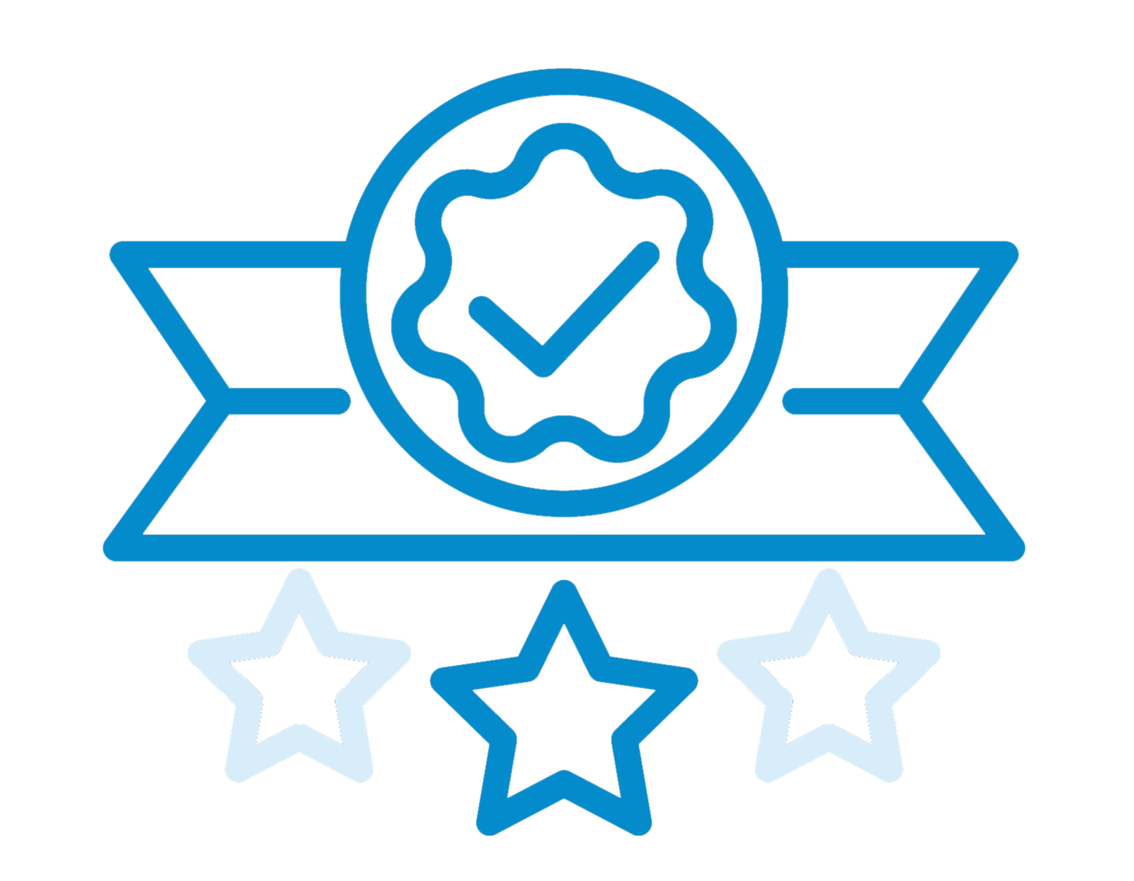 Blue icon of a ribbon with a star badge and three stars hanging below, indicating quality or certification.