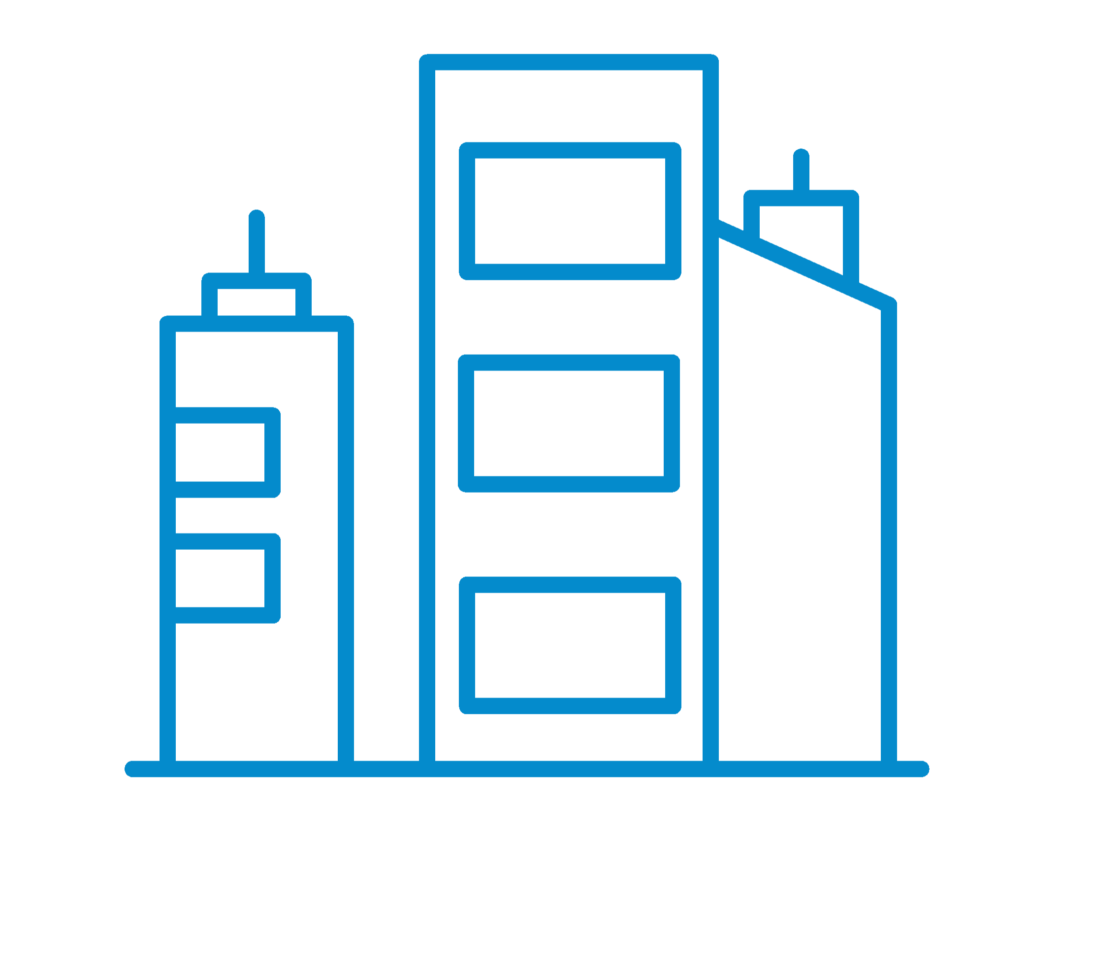Outline drawing of three modern high-rise buildings with different window patterns.