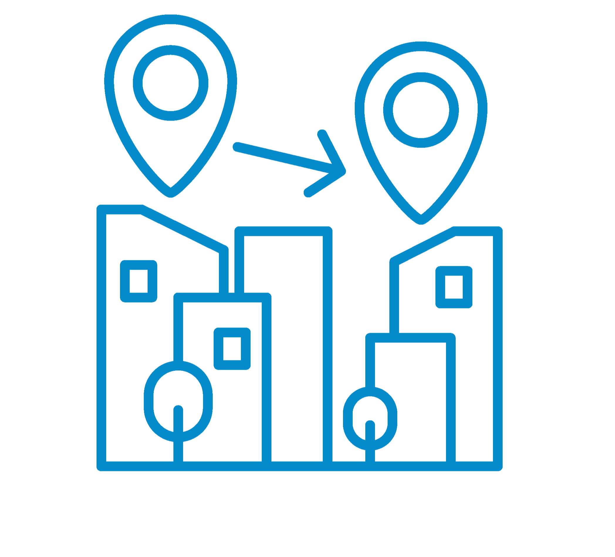 Outline of city buildings with two location pins connected by an arrow, symbolizing moving from one location to another.