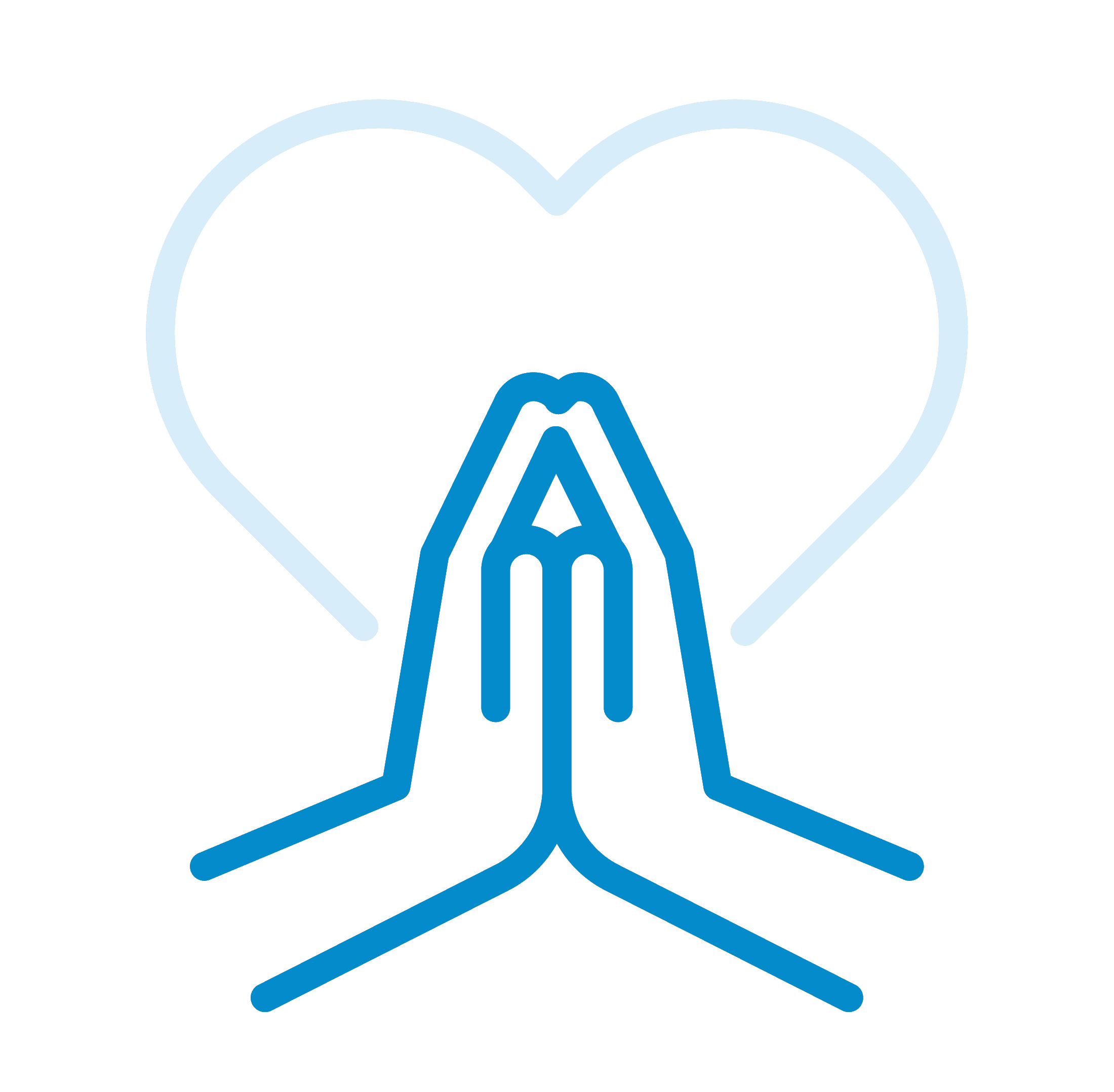 Outline drawing of hands pressed together in prayer with a heart in the background.