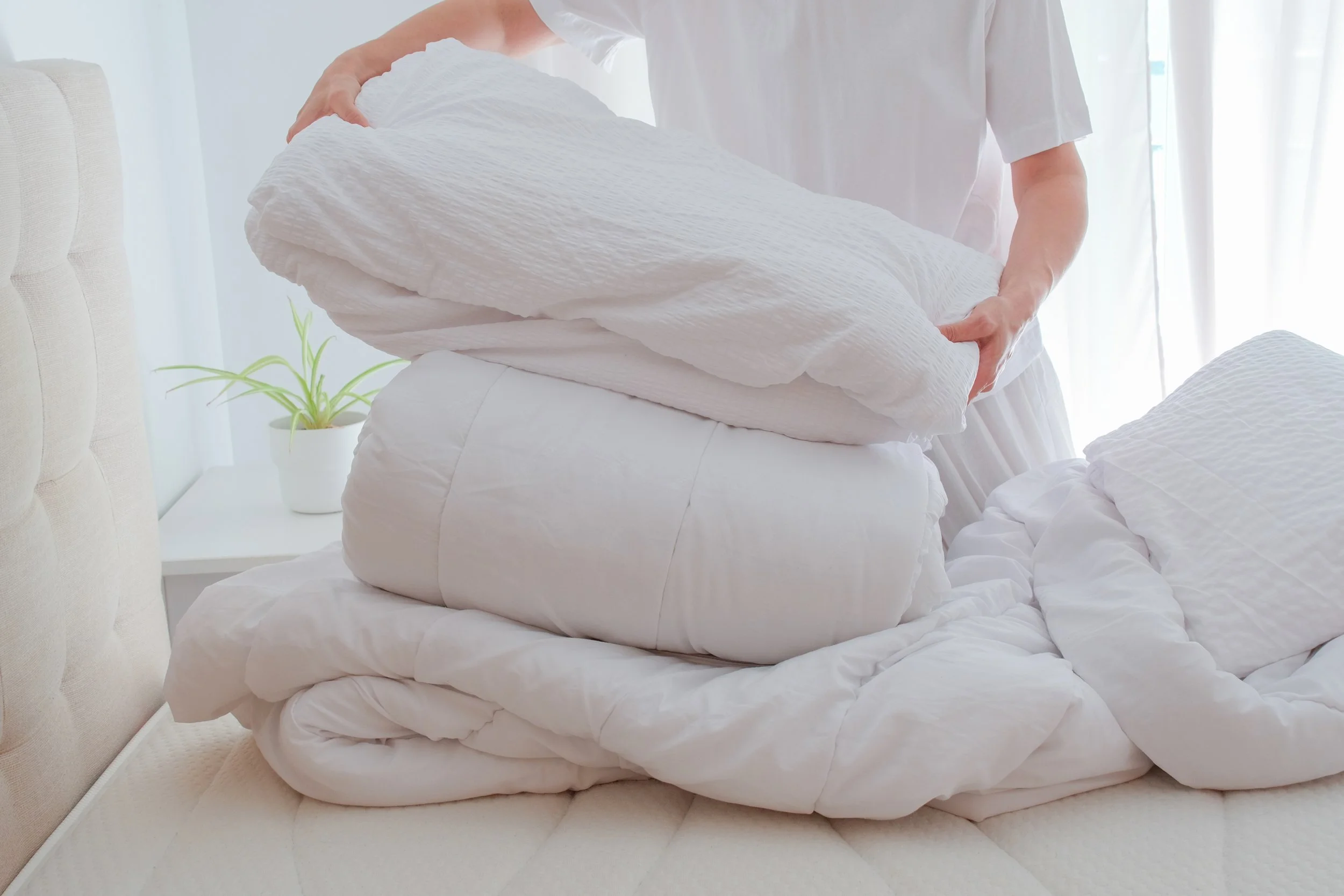 Person making a bed, arranging white bedding and pillows in a bright room with a potted plant on a white nightstand.