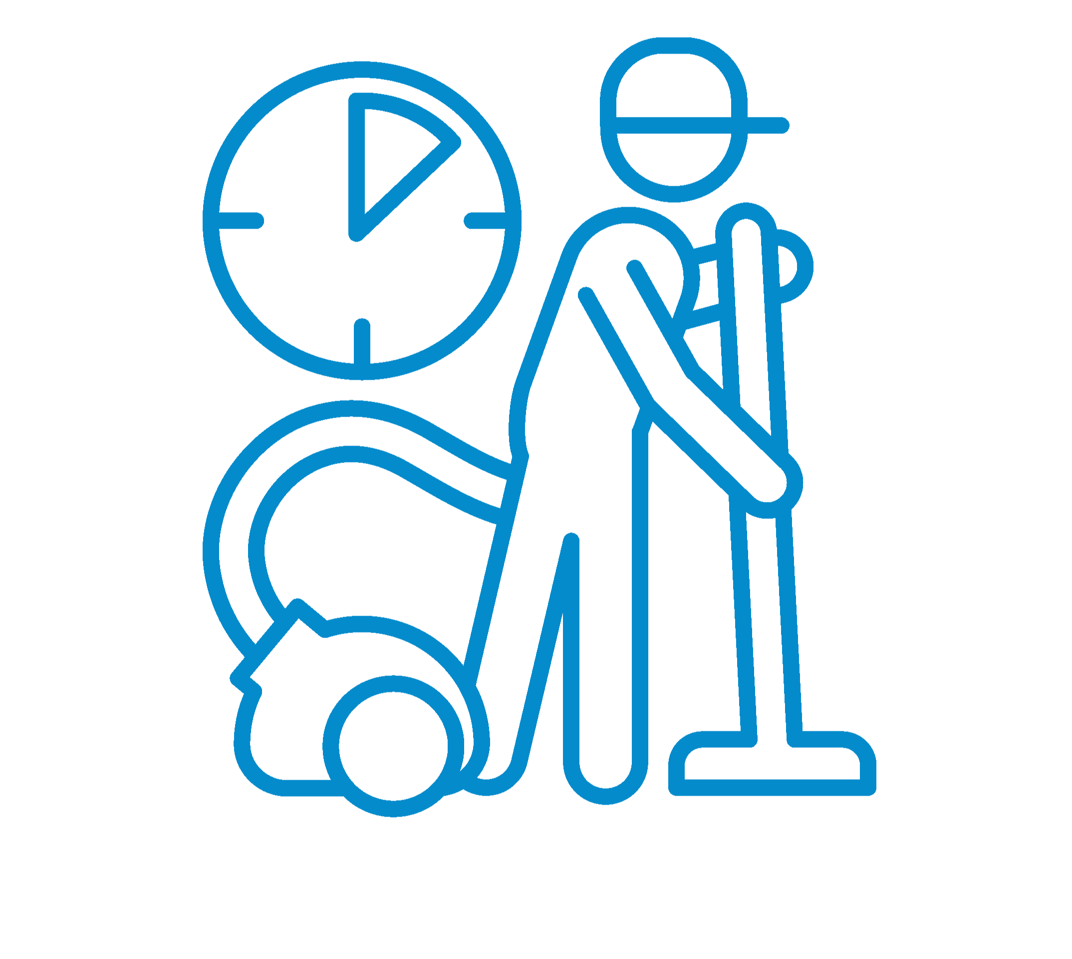 Line drawing of a person with a hard hat using a leaf blower, with a clock and a vacuum cleaner in the background.