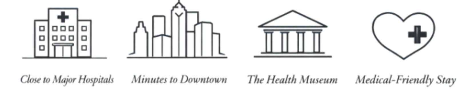 Icons representing healthcare themes: hospital, city skyline, courthouse, heart with a medical cross, labeled respectively as Close to Major Emergency, Minutes to Downtown, The Health Measure, and Medical-Friendly Stay.