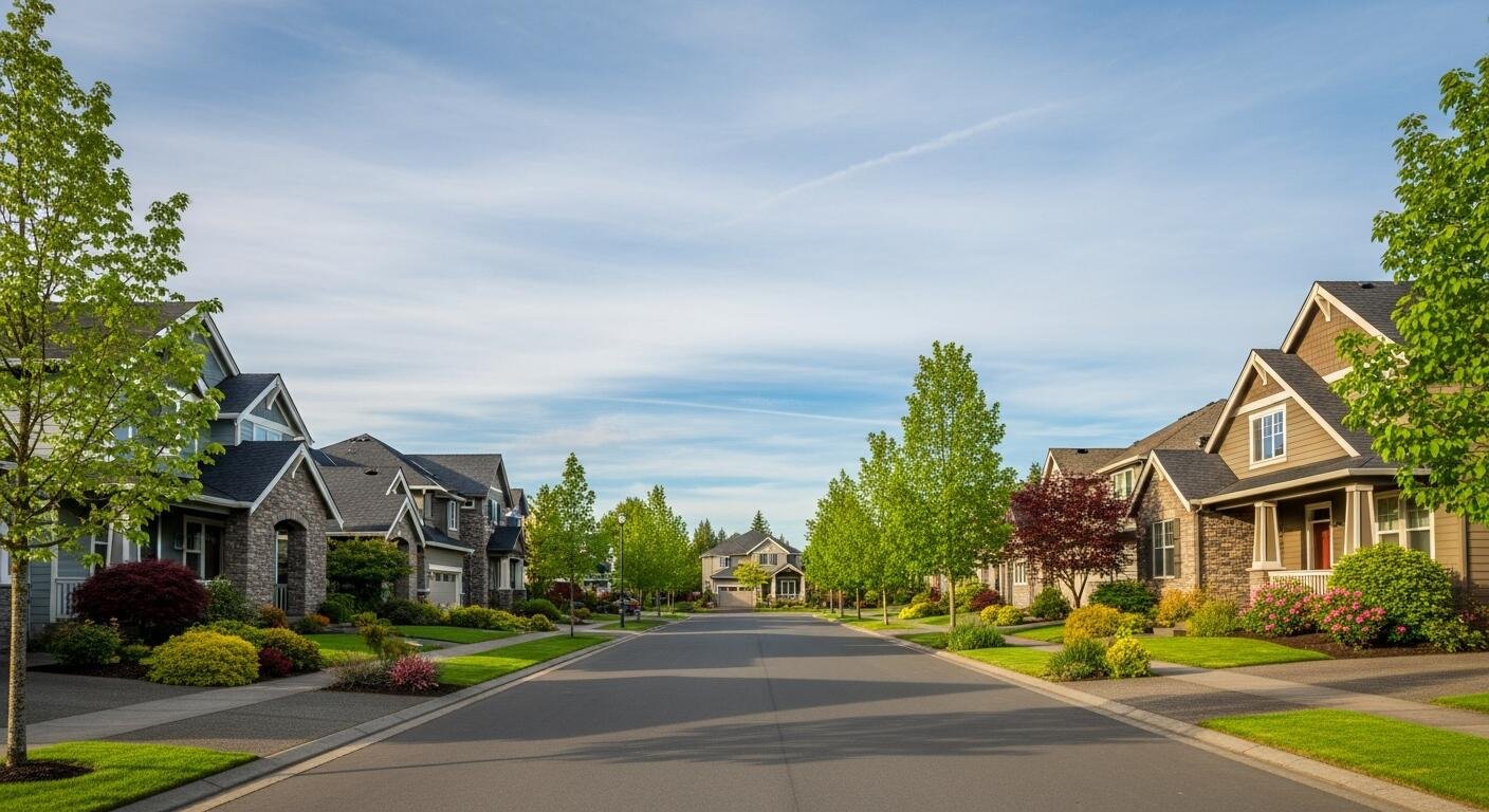 Suburban residential street with well-maintained houses and green trees.