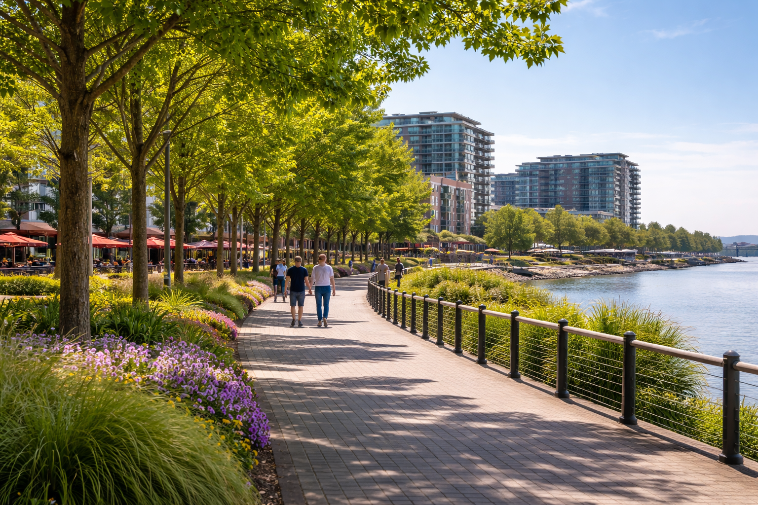 A scenic waterfront promenade with people walking, lined with trees and colorful flowers, with modern buildings in the background.