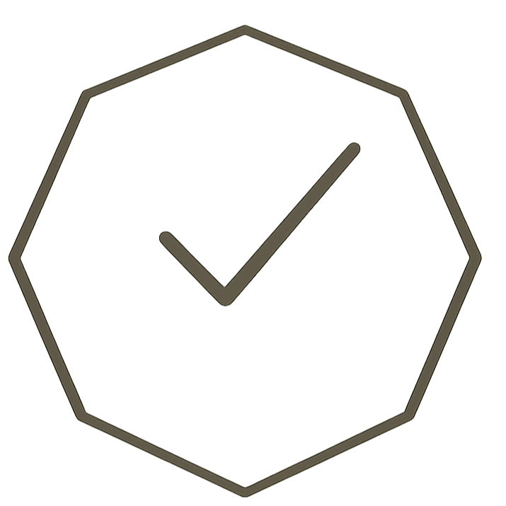 A black checkmark inside a black octagon outline.