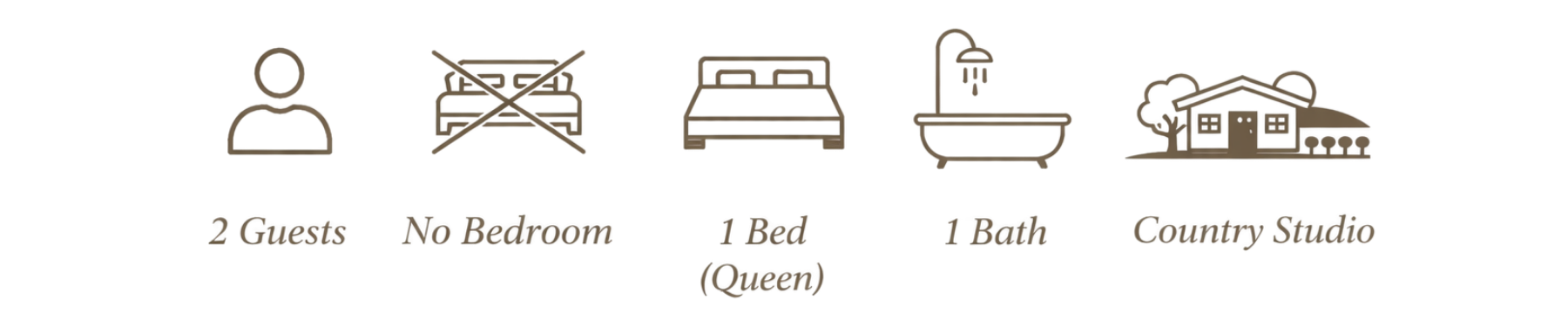 Accommodation details including 2 guests, no bedroom, 1 queen bed, 1 bathroom, and a country studio.