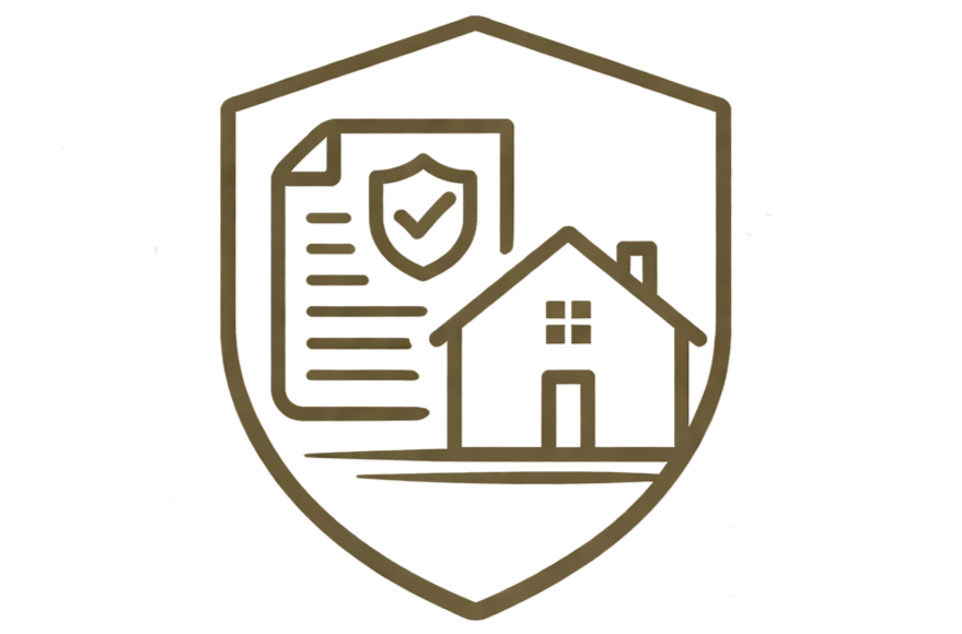 Shield with a house and a document with a checkmark inside it, representing home insurance or property protection.