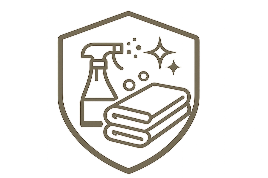 A shield-shaped icon with a spray bottle, cleaning cloths, and sparkles, representing cleaning or disinfecting.