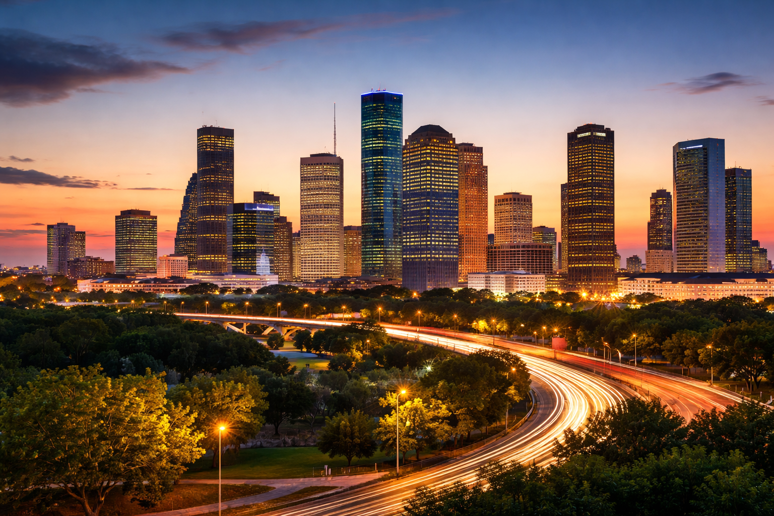 City skyline at sunset with tall buildings and light trails from moving vehicles on a highway surrounded by green trees.