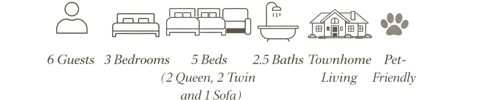 Icons representing a person, beds, a bathtub, a house, and a pet, with description of a townhome accommodating 6 guests, 3 bedrooms, 5 beds, 2.5 bathrooms, pet-friendly, with living space suitable for a family.