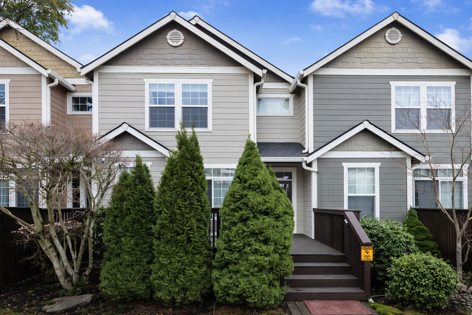 Front view of a modern, multi-story townhouse with gray and beige siding, surrounded by trees and shrubs, with a small staircase leading to the front door.