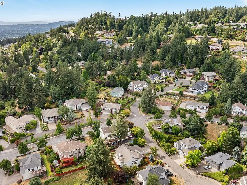 Aerial view of a suburban neighborhood with houses, trees, and winding roads on a hillside with a forested background.