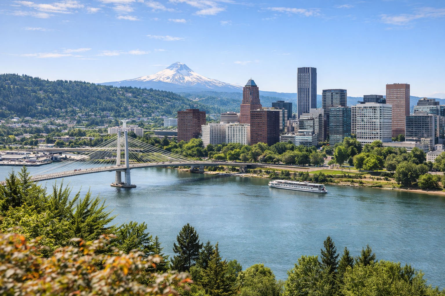 Portland city skyline with the Willamette River, a bridge, and Mount Hood in the background on a sunny day.