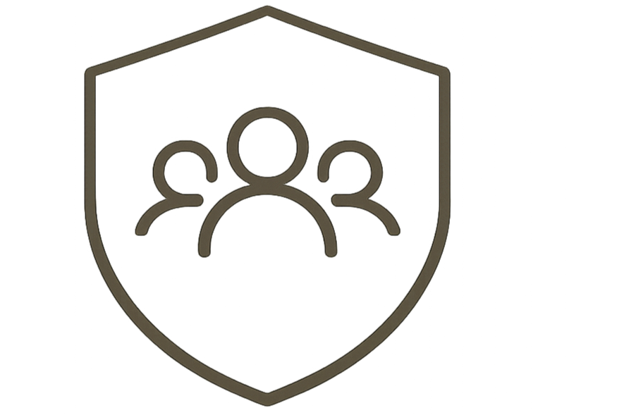 Icon of a shield with three human figures inside, representing community or security.