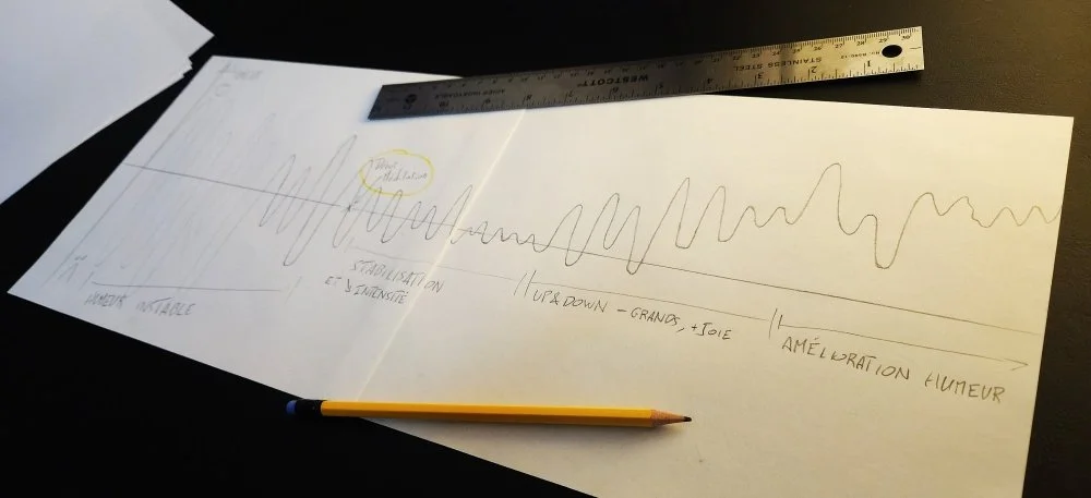 Courbe illustrant les fluctuations de l’humeur et sa stabilisation grâce à l’utilisation de certains outils thérapeutiques