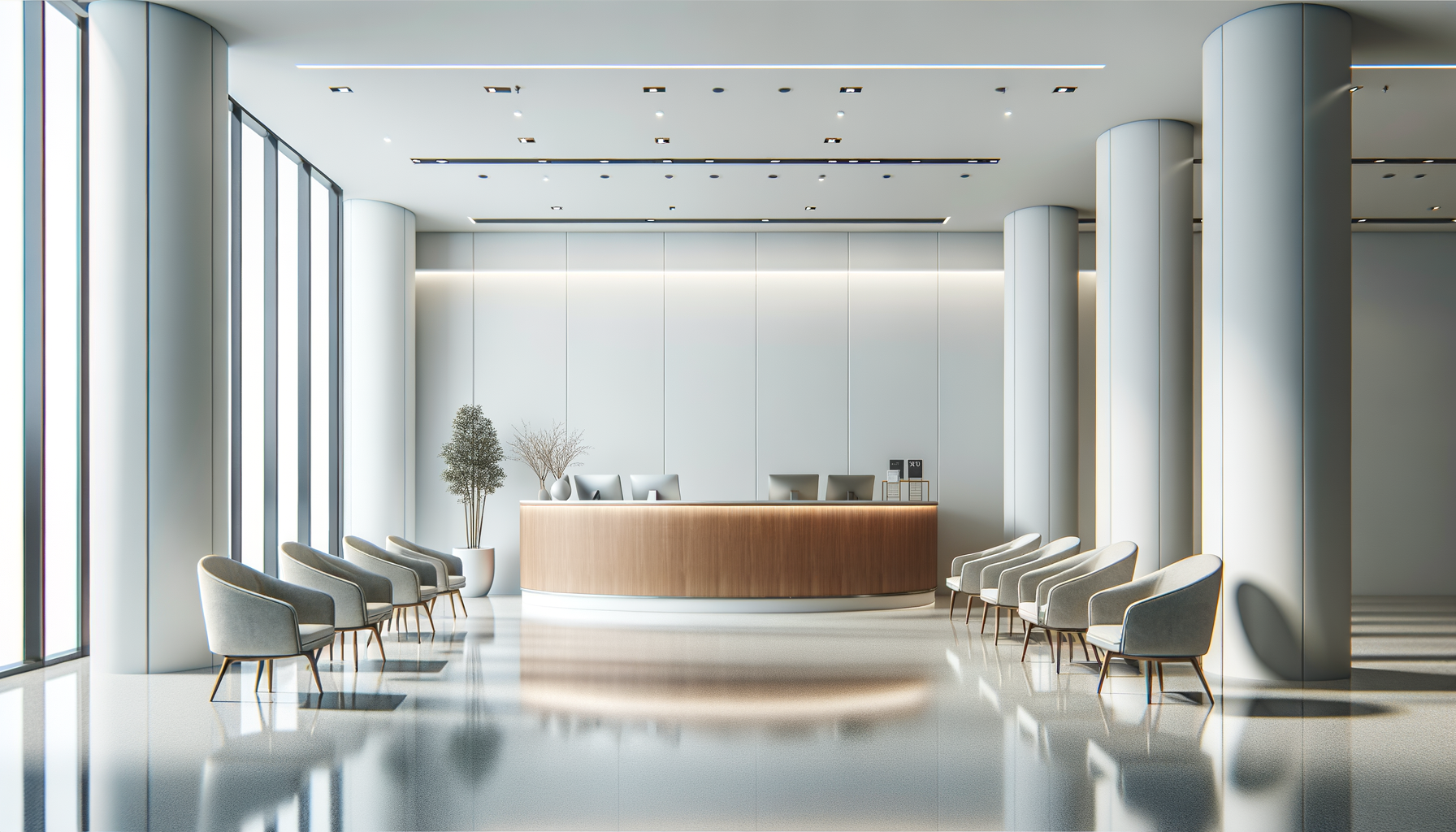 Modern, minimalist hotel or office reception area with a curved wooden desk, white chairs arranged in two rows, large windows, and tall white columns.