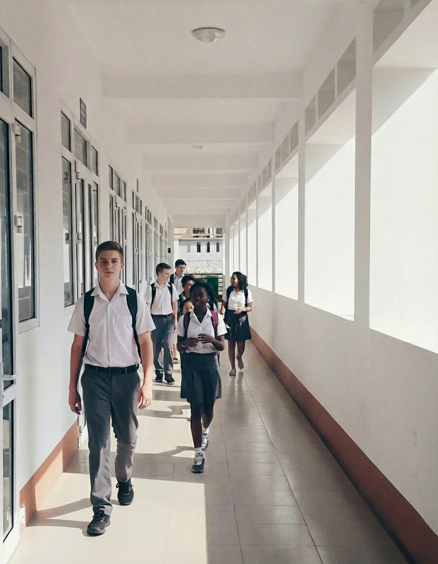 School hallway with students walking and carrying backpacks.