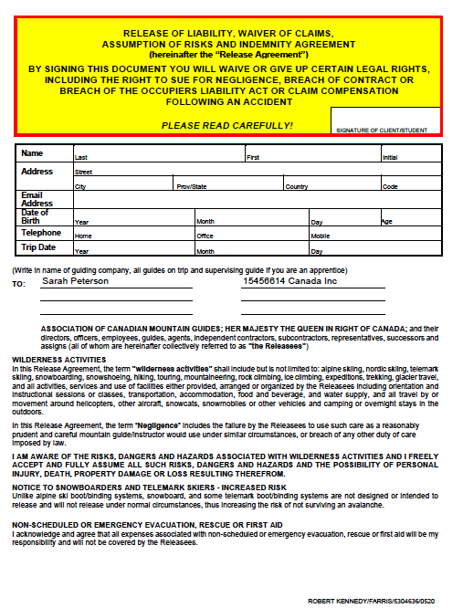 A legal document titled 'Release of Liability, Waiver of Claims, Assumption of Risks and Indemnity Agreement' with fields for personal information such as name, address, email, date of birth, phone numbers, and trip details. The document includes sections about wilderness activities, liability waiver, risks, hazards, and release of claims, with space for signatures.
