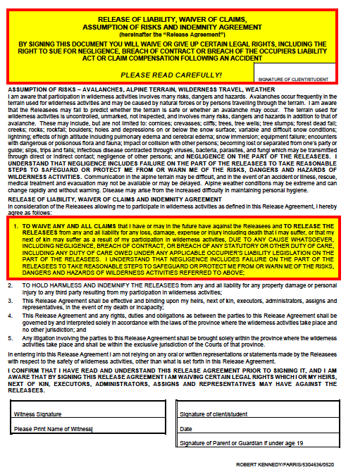 Document titled 'Release of Liability, Waiver of Claims' with a signature section at the bottom, containing text about waiver terms, participant acknowledgment, and legal disclaimers.