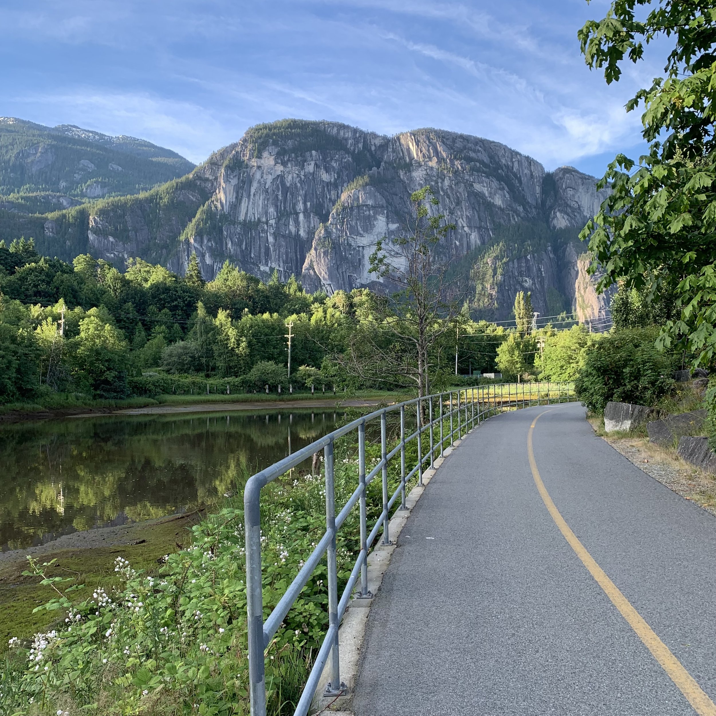 Scenic view of a winding paved road with a yellow center line, metal guardrail on the left, lush green trees and shrubs, a small body of water reflecting the trees, and tall mountains in the background under a blue sky with some clouds.