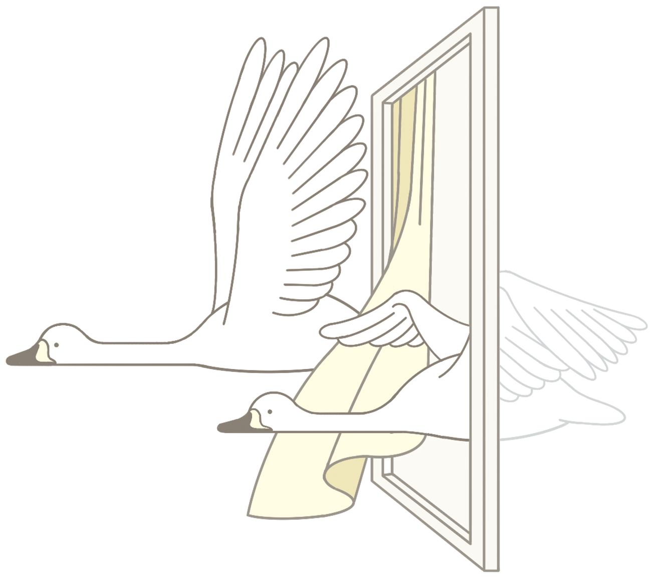 扉から白鳥の翼が伸びているイラスト。
