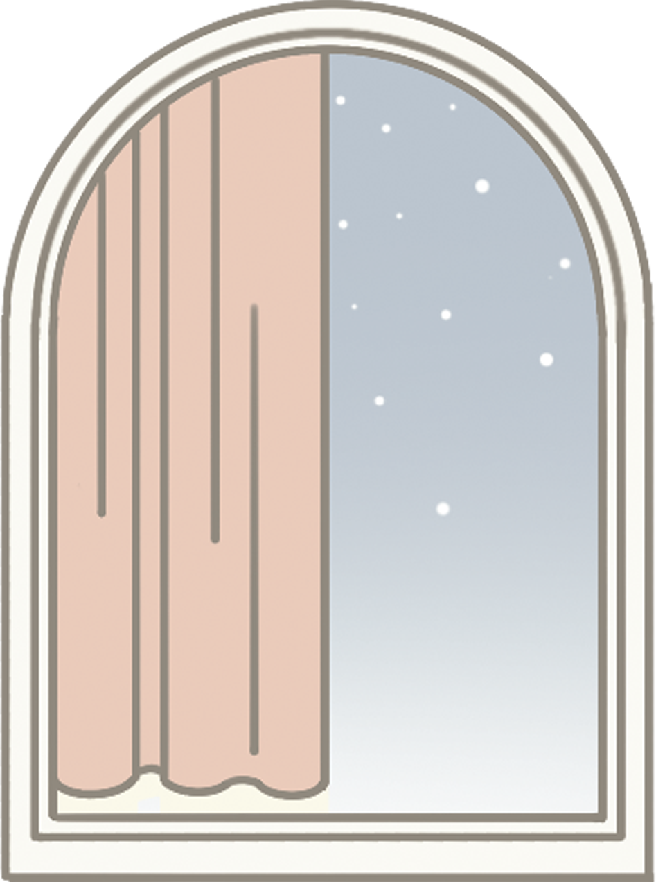 ピンク色のカーテンの窓から雪が降っている風景