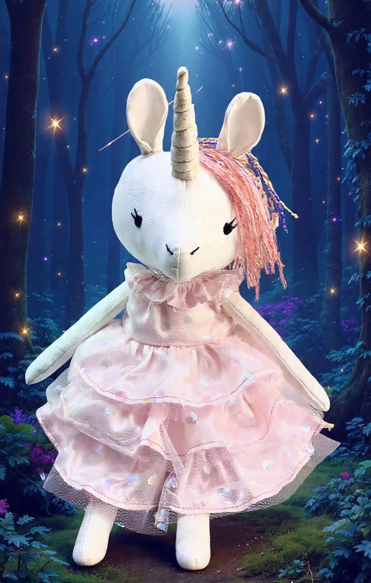 A plush unicorn toy wearing a pink dress, set against a magical forest background with glowing lights and tall trees.