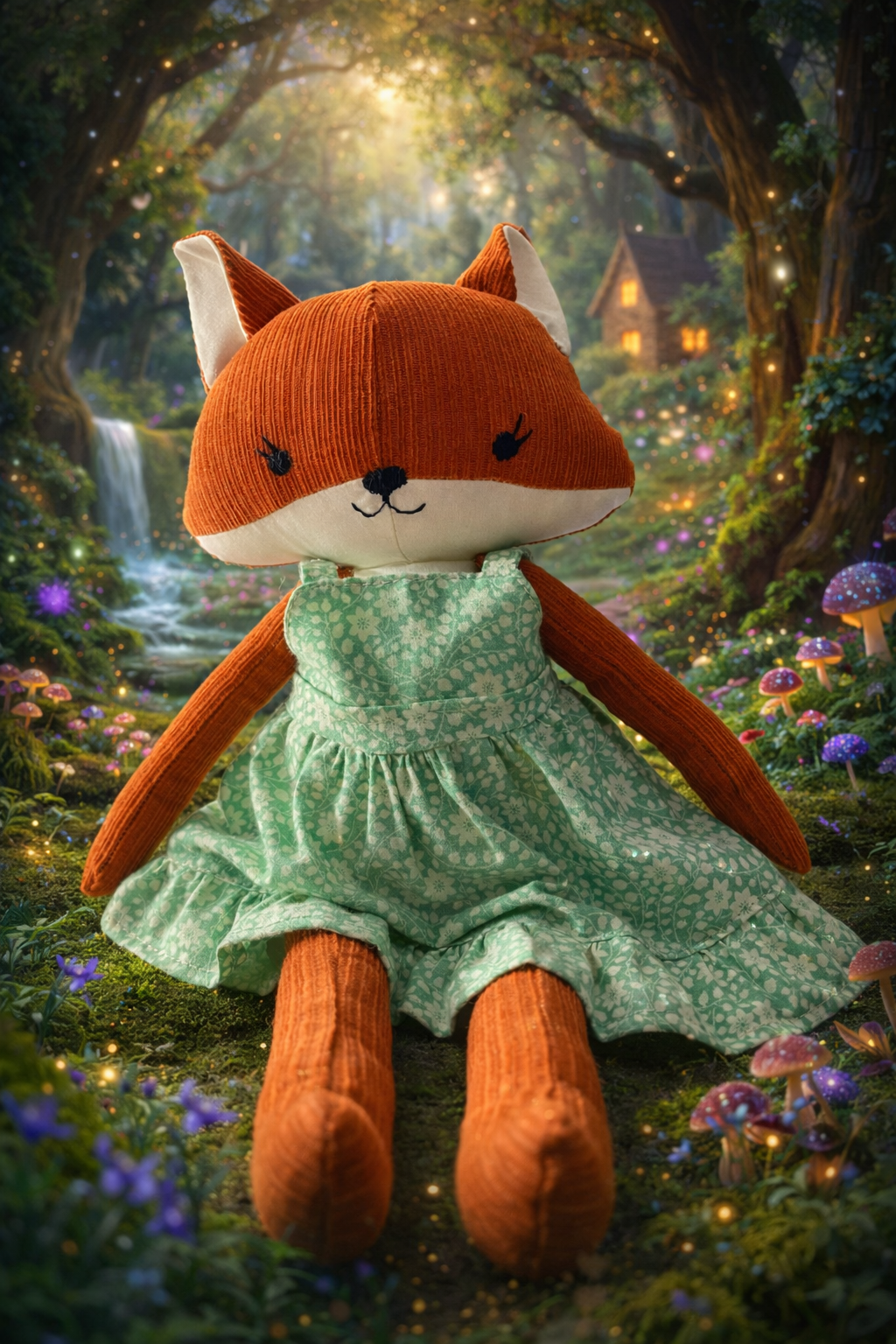 A stuffed toy fox made of corduroy wearing a mint green dress with a white floral patter. The fox has a magical fairy lit forest in the background.