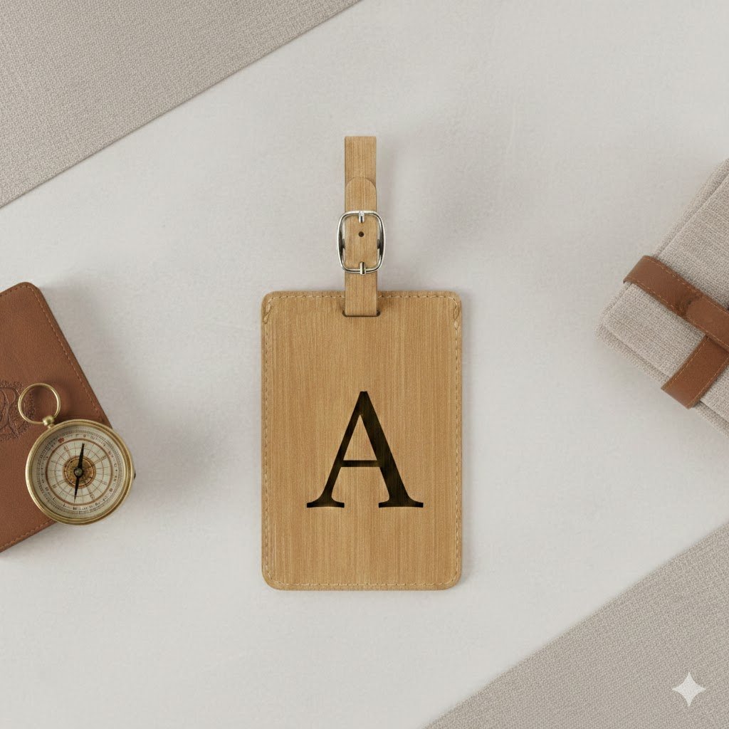 A wooden badge with the letter A on it, attached to a fabric strap with a metal buckle, surrounded by a leather notebook with a compass on the left and a gray fabric item with brown straps on the right.