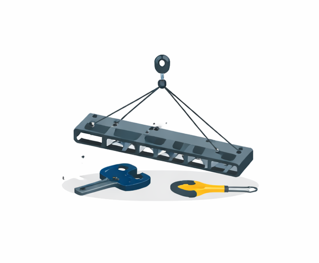 A guitar-shaped key and a flat screwdriver are placed in front of a piece of window blind slats hanging from a string. The components seem to be used for repairing or adjusting the window blinds.