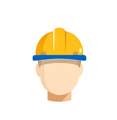 Illustration of a person wearing a yellow safety helmet with a blue stripe, facing forward.