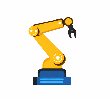 Illustration of a yellow industrial robotic arm on a blue base.