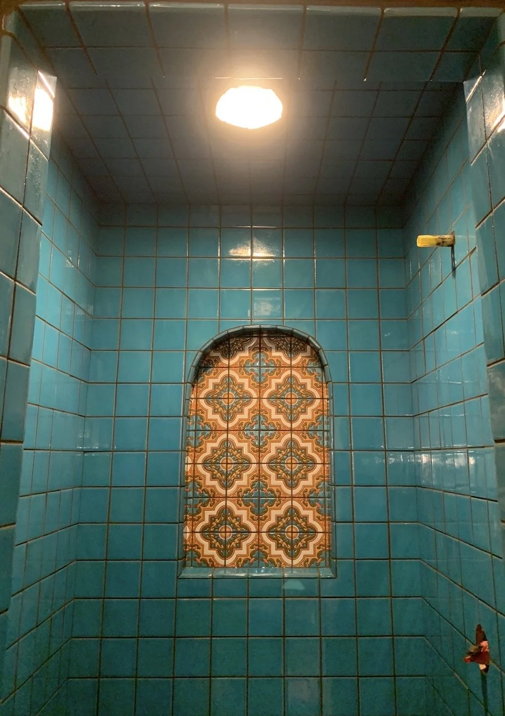 A tiled shower with a central decorative tile pattern in an arched niche, blue-green tiling on the walls and ceiling, and a ceiling light fixture.