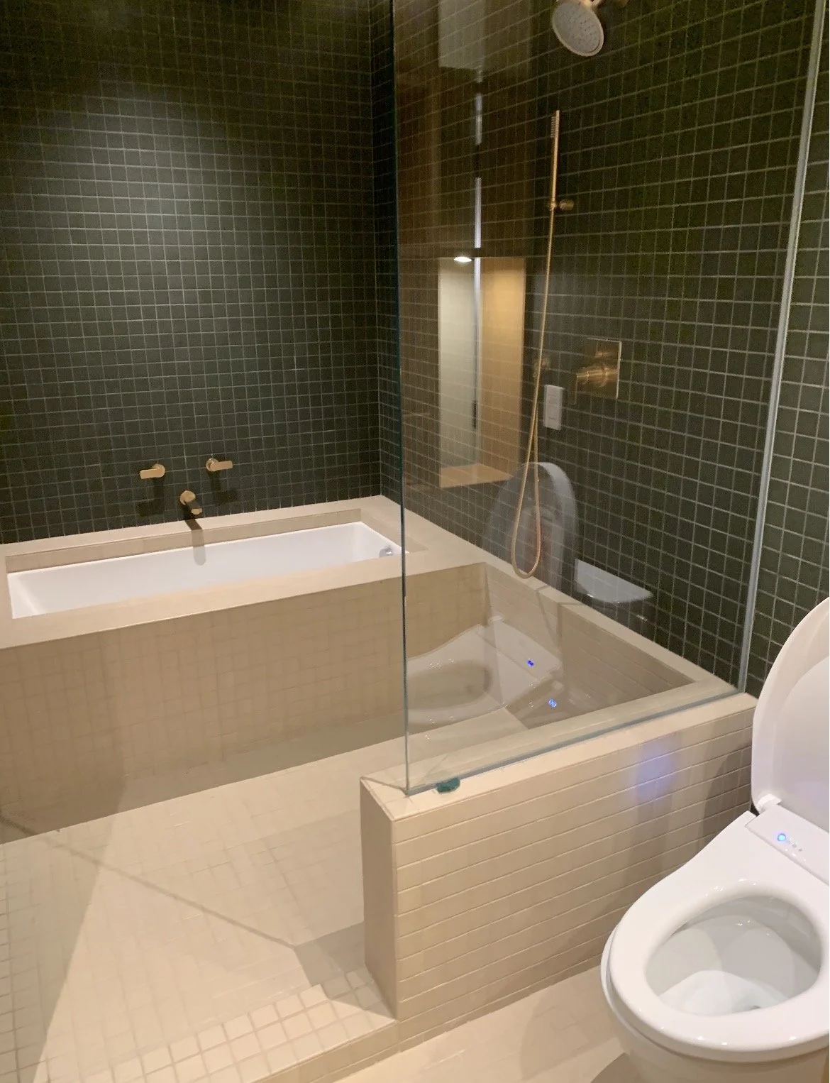 Modern bathroom with a bathtub, walk-in shower with glass partition, and a toilet, featuring black tiled walls and beige tiled floor.