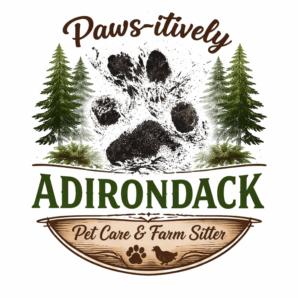 Logo for Paws-itively Adirondack Pet Care & Farm Sitter featuring a large black paw print, two pine trees, and a wooden sign with paw and chicken icons.