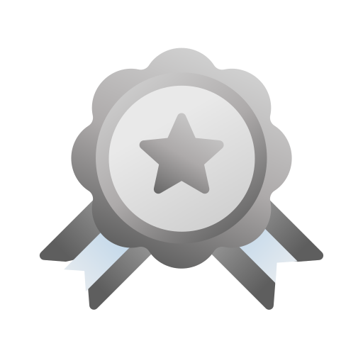 A silver award medal with a star in the center and two ribbons hanging from it.
