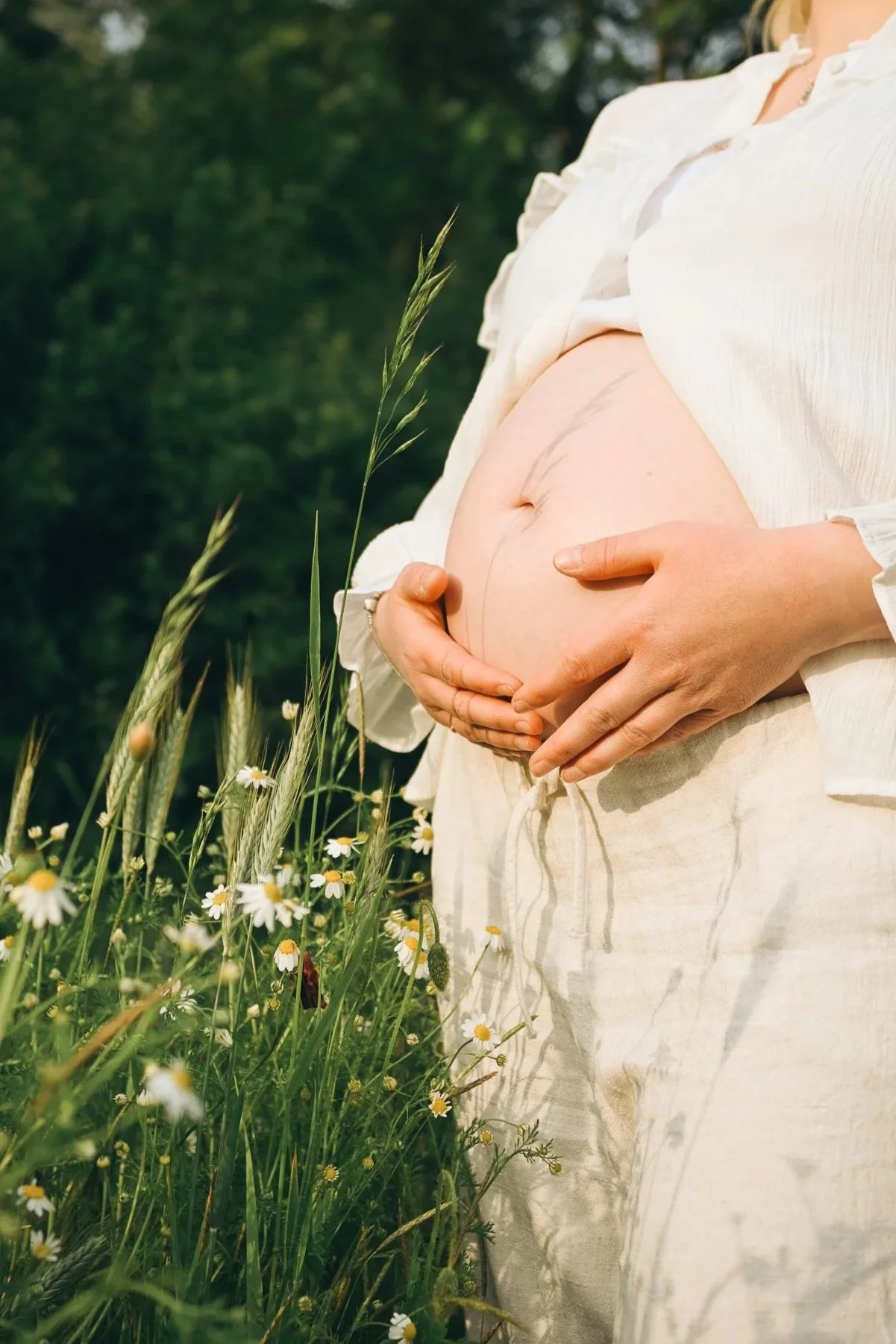 Eine schwangere Frau hält ihre bauch in einer grünen Wiese mit kleinen weißen Gänseblümchen.