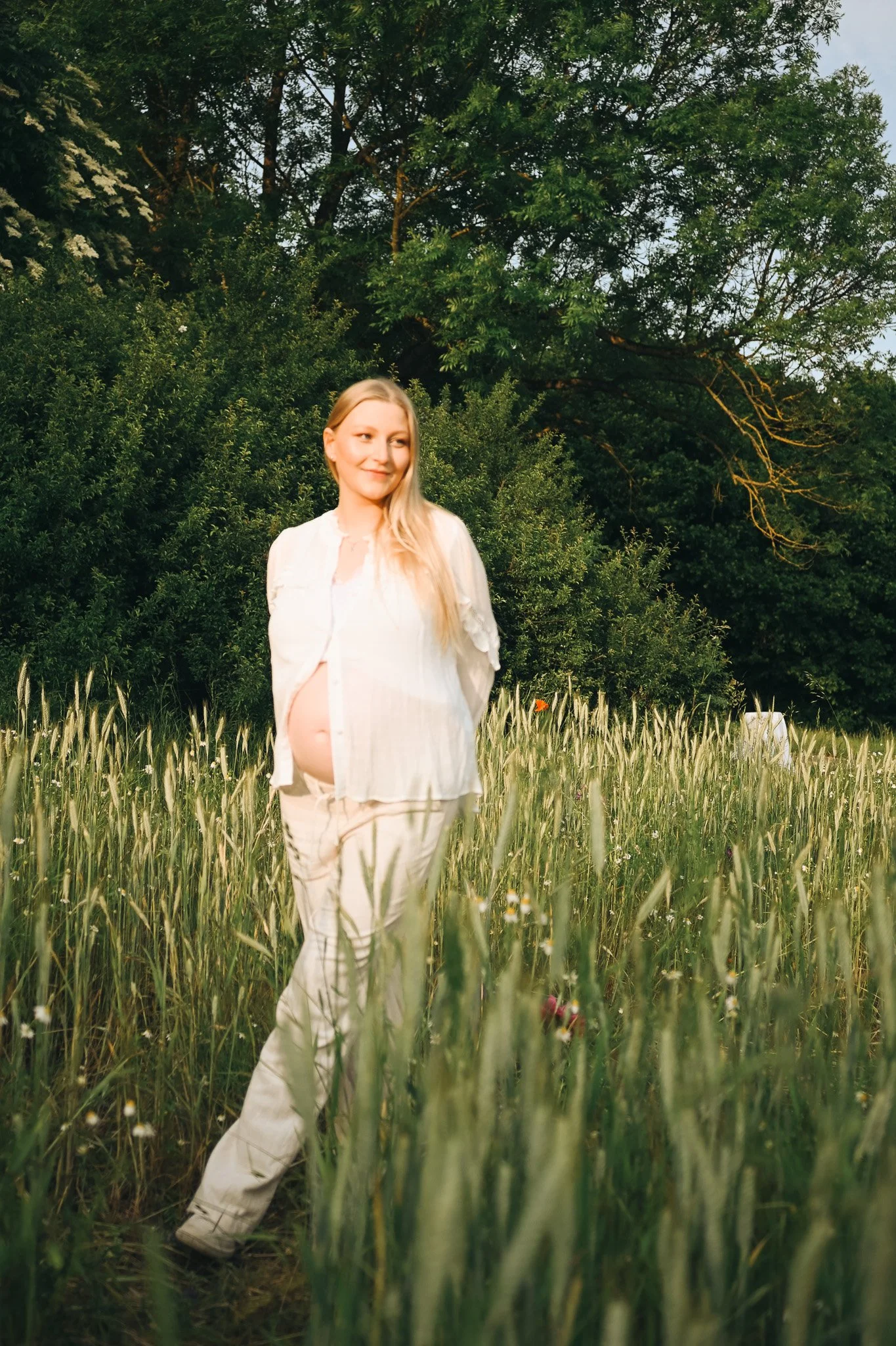 Eine schwangere Frau steht in einem grasbewachsenen Feld, umgeben von Bäumen, bei Sonnenuntergang.
