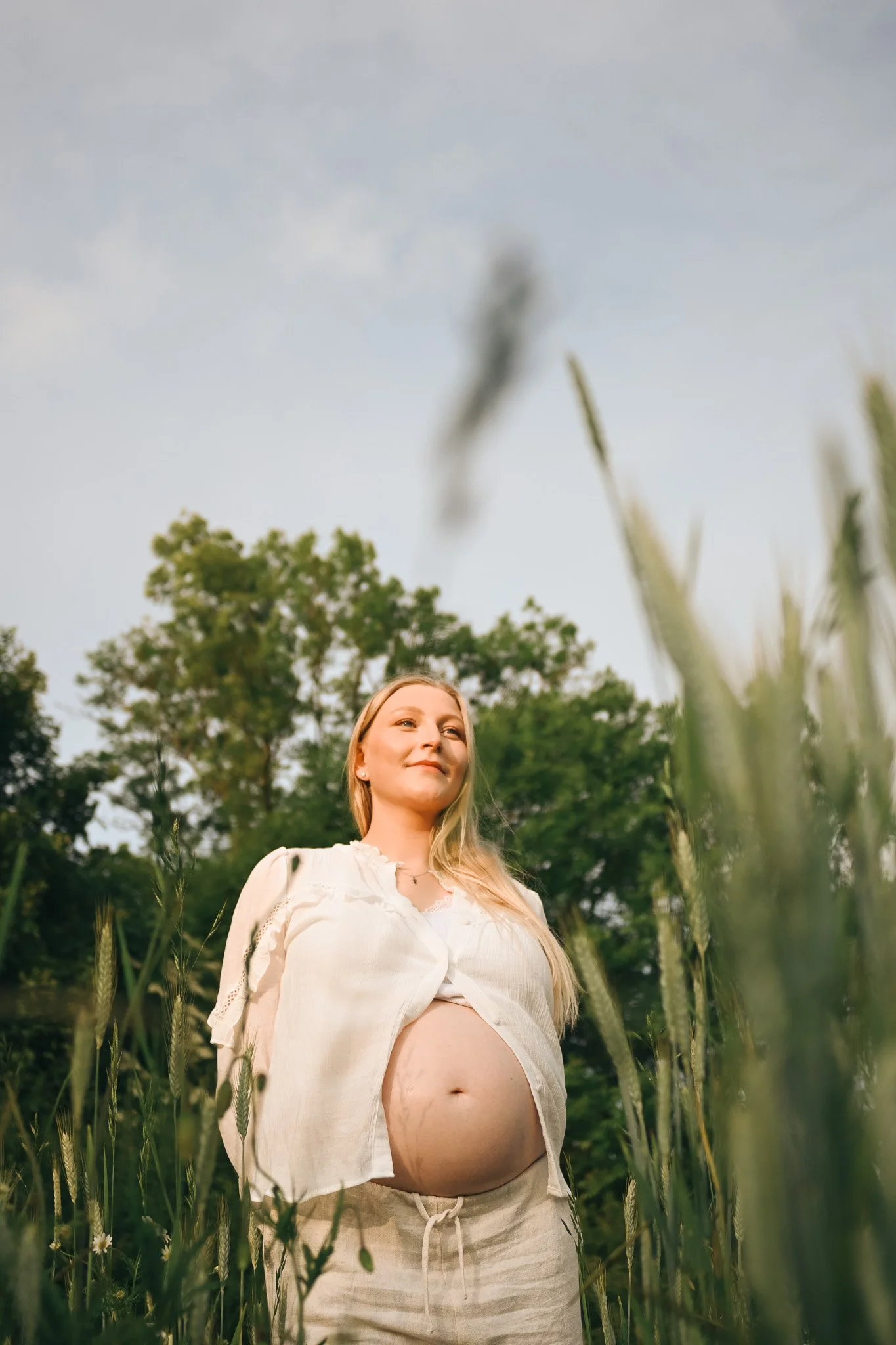 Schwangere Frau im Freien, umgeben von Tall grass, bei Sonnenuntergang, lächelnd